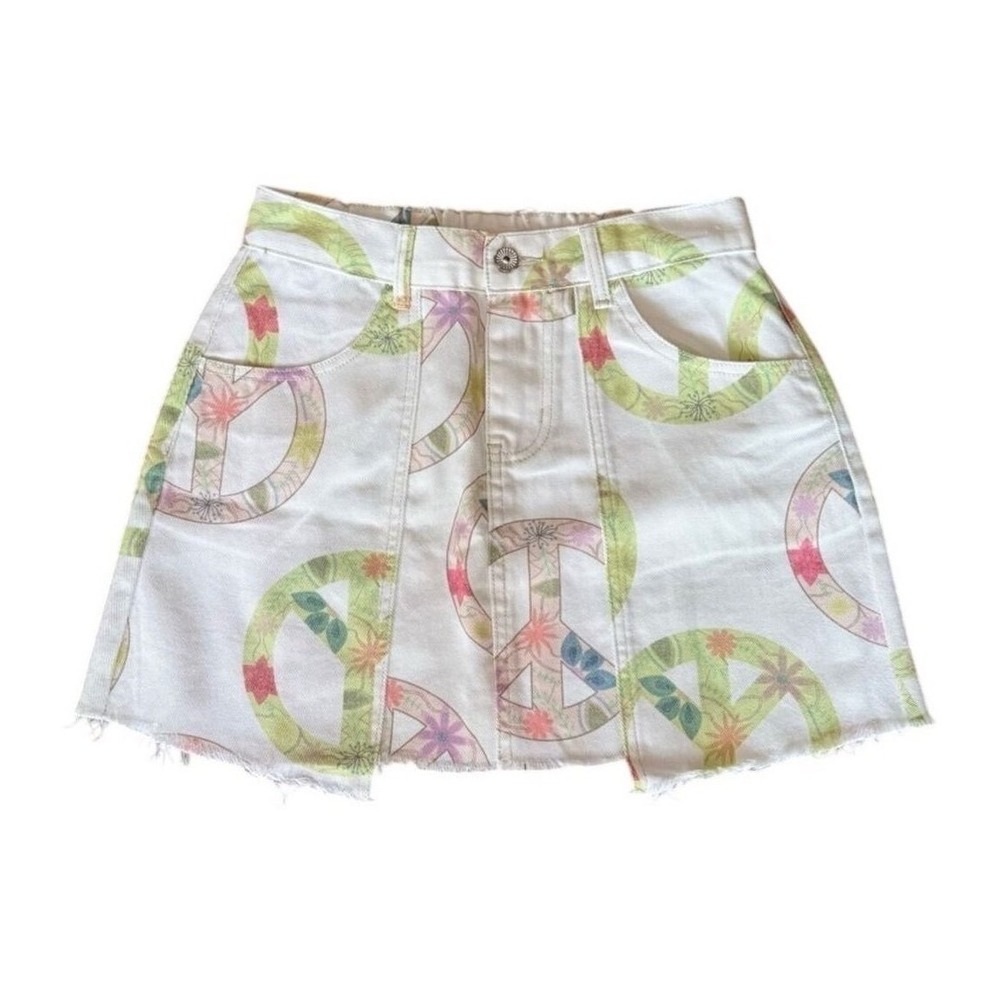 POL White Cotton Denim Mini Skirt with Pastel Peace Sign Print Women Small NEW